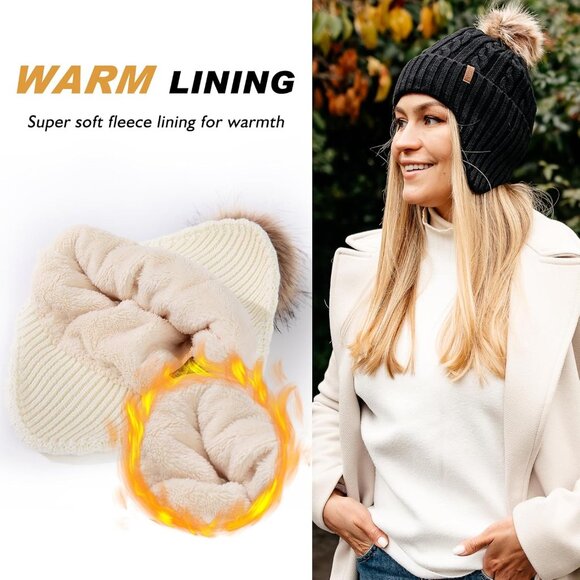 Wool Fleece Lined Beanie with Detachable Pompom Warm Winter Hat for Women - Picture 5 of 6